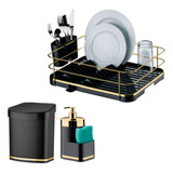 Kit Escorredor Lixeira Porta Detergente Pia Cozinha Dourado Cor Preto