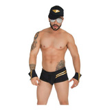 Sexy Conjunto De Boxer Para Hombre Estilo Piloto Con Gorra Y Puños Tela Stretch Ajustable Stripper 25