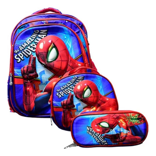 Mochila Luz Led Con Lapicera + Lonchera 3d Spider Man