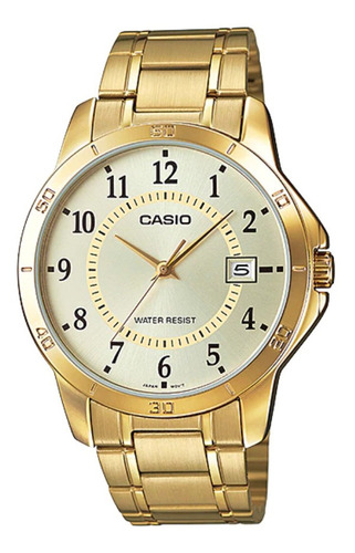 Reloj Pulsera Casio Enticer Mtp-v004 De Cuerpo Color Dorado, Analógico, Para Hombre, Fondo Dorado, Con Correa De Acero Inoxidable Color Dorado, Agujas Color Dorado, Dial Negro, Minutero/segundero Negr