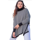 Poncho Quadriculado Trico Feminino Manga Longa Gola Alta  