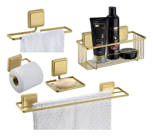 Kit Acessórios De Banheiro 5 Peças Toalheiro Adesivo Dourado
