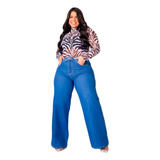 Calça Wide Leg Plus Size Cintura Alta Lisa Perna Larga