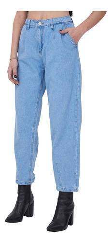 Jeans Mom Slouchy Mujer Striven Con Pinzas Tiro Alto Rígido 