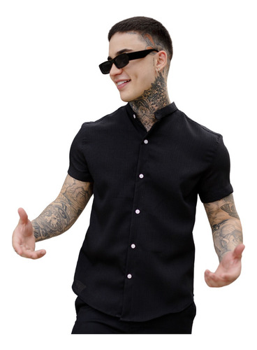 Camisa Social Masculina Manga Curta Gola Padre Slim Premium 