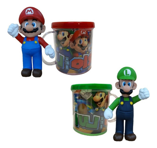 Kit 2 Bonecos - Super Mario E Luigi + Caneca Personalizada