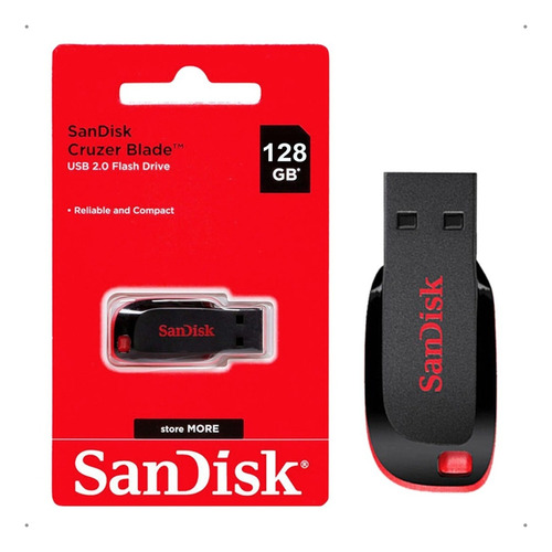 Pendrive Sandisk Cruzer Blade 128gb 2.0 Preto E Vermelho Usb