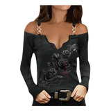 1u Blusa Mujer Metal Sin Tirantes Calaveras Estampado Largo