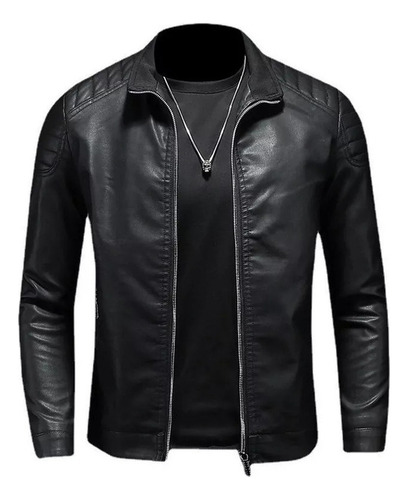 Chaqueta De Cuero Ajustada Con Cuello Alto Para Hombre