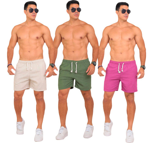 Kit 3 Short Masculino Em Linho Premium Bermudinha Tendencia