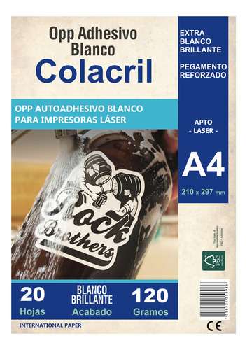 Opp Autoadhesivo Vinilo A4 Blanco Papel Laser Colacril X20u