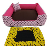 Cama Pet G Cachorro Grande Cama Com Capa Extra 70x70 Cor Cama Rosa Bolinhas + Capa Amarela