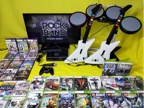 Consola Xbox 360 Con Kinect Rockband, 2 Guitarras Y 3 Juegos