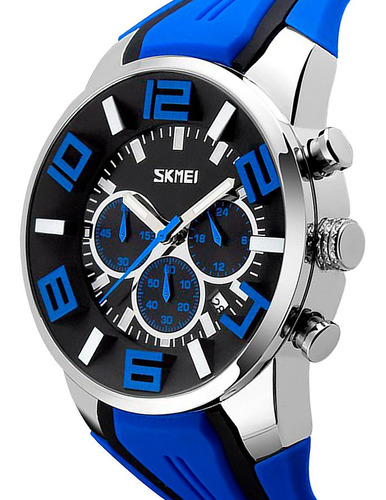 Reloj Pulsera Skmei 9128 De Cuerpo Color Plateado, Analógico, Para Hombre, Fondo Negro, Con Correa De Silicona Color Azul Y Negro, Agujas Color Gris Y Azul Y Blanco, Dial Azul Y Gris, Subesferas Color