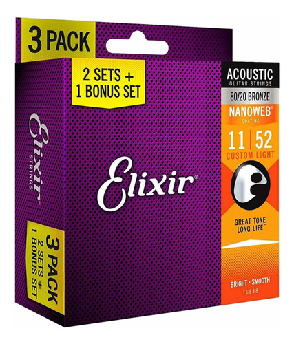 Cuerdas De Guitarra Electroacustica Elixir Tri Pack 11-52