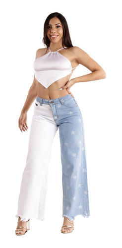 Jeans Bicolor Con Estampado Estrellas Je2803