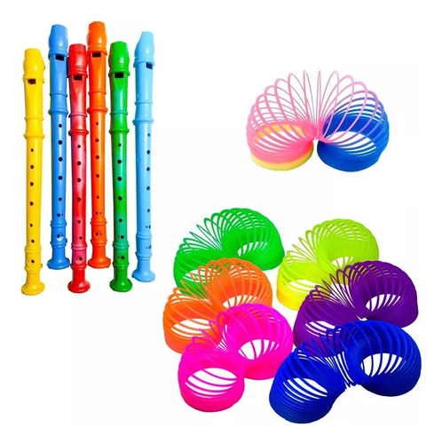 Kit Brinquedo Infantil 5 Mola Colorida 5 Flauta Doce