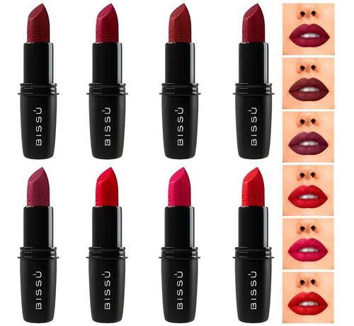 Labiales Bissu Humectantes Tonos Rojos Oscuros 8 Piezas