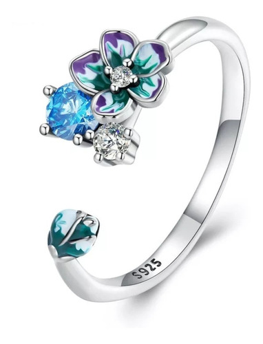 Anillo Plata 925 Flor Azul Ajustable Mujer Regalo