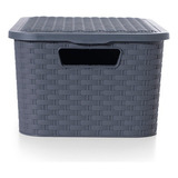 Canasto Cajón Organizador Plástico Símil Rattan Mediano X 4 Color Gris