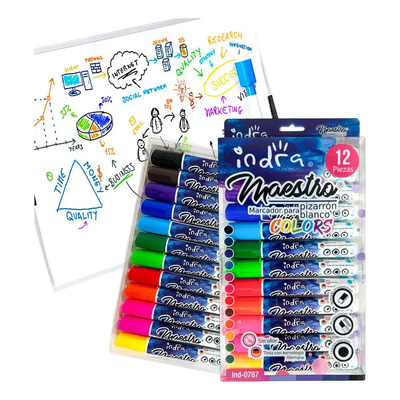 Marcador Para Pizarron Blanco Indra 12 Colores Punta Cincel | MercadoLibre