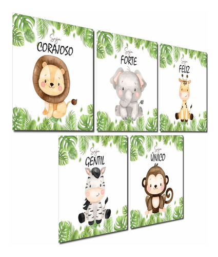 Quadrinhos Decorativos Safari Kids Selva Bichos Mdf 5 Peças