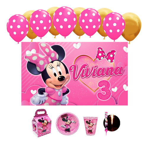 Minnie Mouse Rosa Dorado Fiesta 50 Niños Vasos Platos Globos