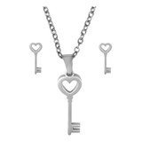 Set De Joyeria Acero Inox Plateado Corazon Llave Antigua