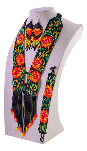 1 Pza Collar Largo Patish Arte Huichol Con Aretes Y Pulsera