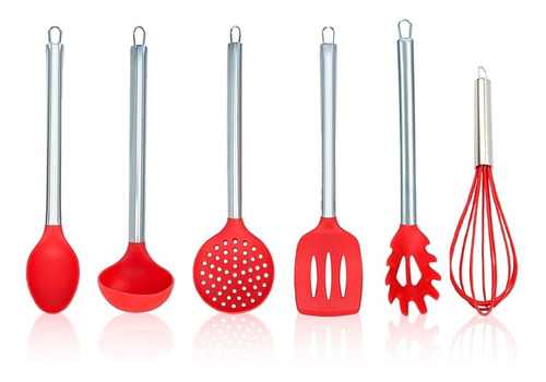 6 Peças Jogo De Utensílios Silicone Cozinha Cabo Inox