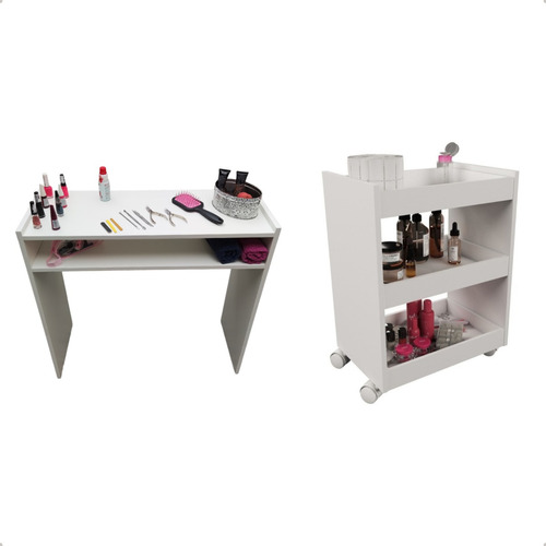 Mesa Para Manicure + Carrinho C/ Bandeja Esmalte Barato Nf-e