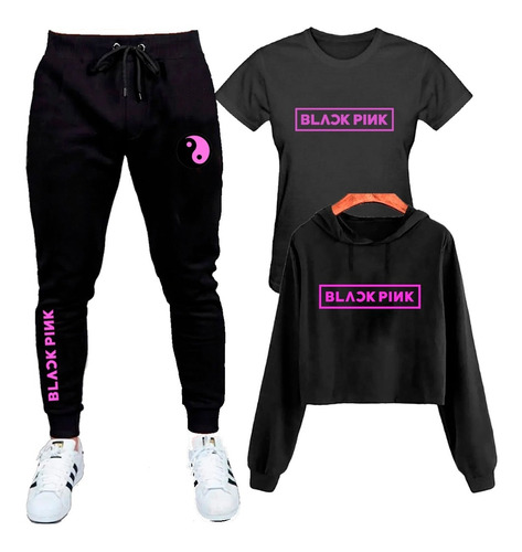 Kit Cropped + Calça Moletom + Camiseta Baby Look Blackpink