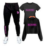 Kit Cropped + Calça Moletom + Camiseta Baby Look Blackpink