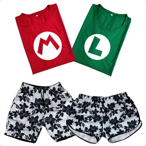 Kit Casal Conjunto Camiseta Mario Luigi +shorts Praia Casais
