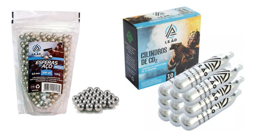 Kit 500 Esferas Munição Aço Níquel 6mm + 10 Cilindro Co2 12g