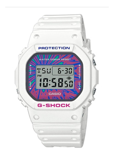 Reloj Pulsera Casio G-shock Dw5600 De Cuerpo Color Blanco, Digital, Fondo Gris, Con Correa De Resina Color Blanco, Dial Negro, Minutero/segundero Negro, Bisel Color Blanco, Fucsia Y Azul, Luz Azul Ver