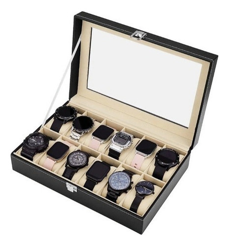 Estuche Caja Organizador 12 Relojes Eco Cuero Negro Elegante