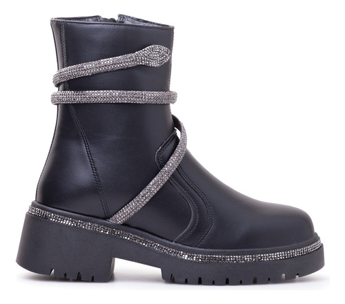 Bota Coturno Feminino Chelsea Brilhante Cobra Strass 