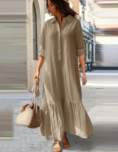 Vestir Cómodo Midi Lino Algodón Cuello Camisa