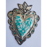 Corazón Mexicano Hecho En Aluminio, Pintado A Mano. Turquesa