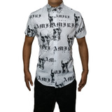 Camisa Buchona Calaveras Negras Letras Hombre Manga Corta