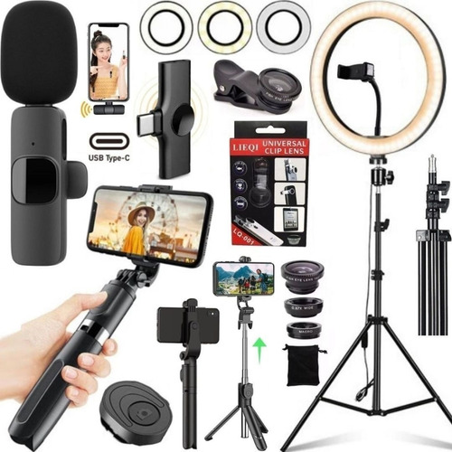 Kit Completo Ring Light Tripé Microfone Sem Fio Profissional