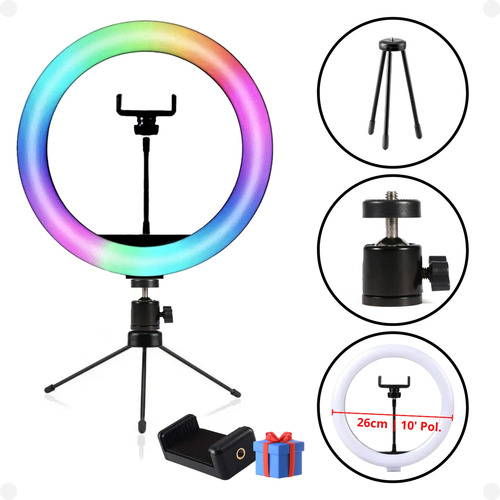 Tripé Iluminação Mesa + Ring Light Rgb Anel 26cm Foto Gravar