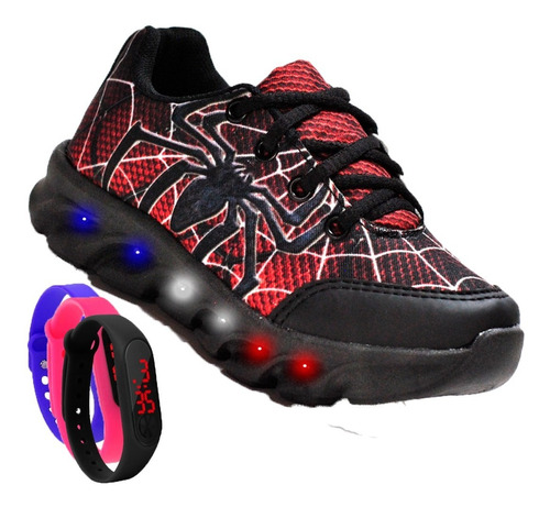 Kit Tênis Masculino Infantil De Led Homem Aranha + Relógio