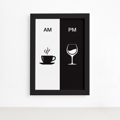 Quadro Vinho E Café Am/pm Minimalista Moldura Preta 33x43cm Cor Preto E Branco