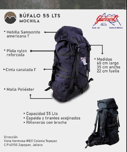 Mochila Camping 55 Litros Modelo Bufalo