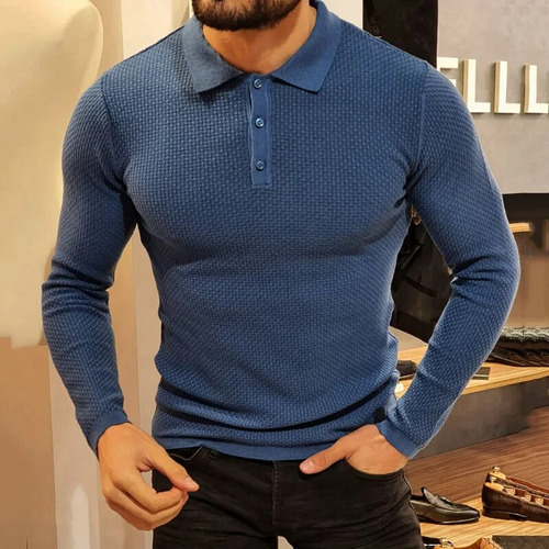 Camisa Tejida De Manga Larga Con Solapa Para Hombre, Camisa