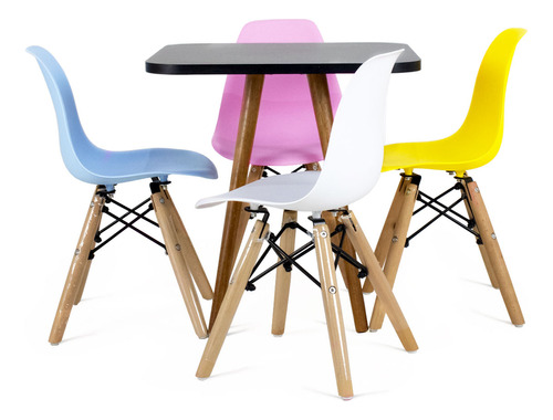 Kit Mesa Preta Infantil Com 50cm De Mdf+ 4 Cadeiras Eames