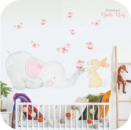 Vinilos Decoración Elefante Y Conejo Mariposas En Acuarela