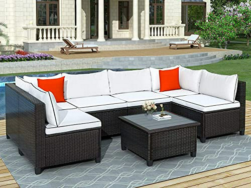 Conjunto De Muebles De Jardín De Mimbre Modular De 7 Piezas,